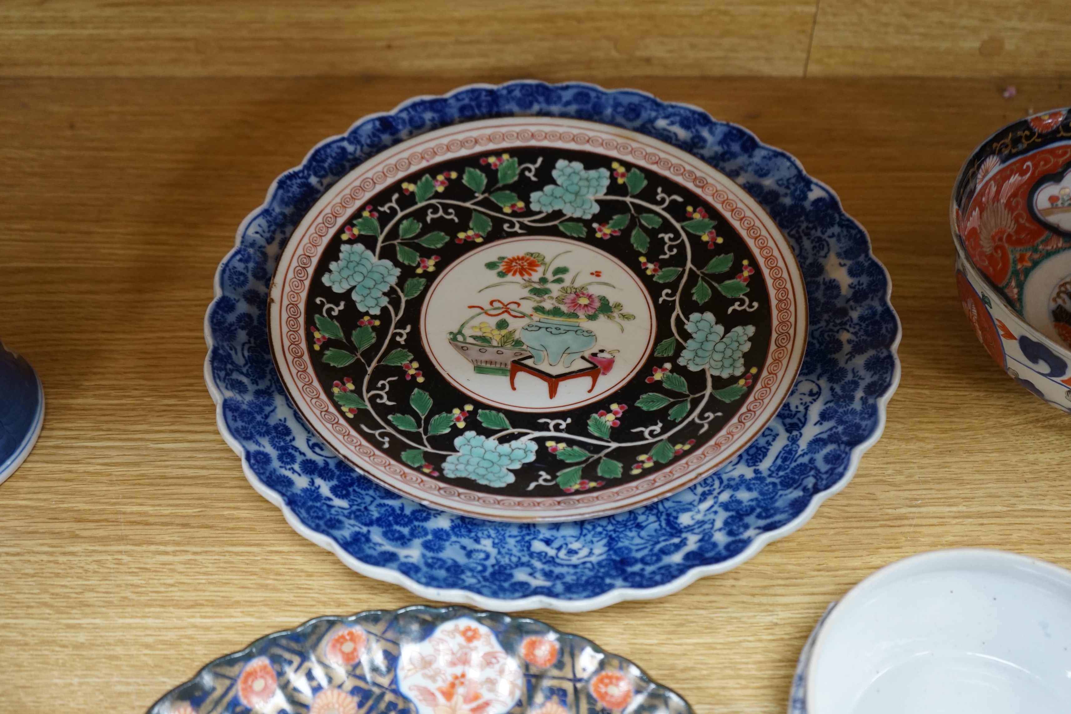 An early 20th century Chinese blue and white prunus vase, group of Chinese, Japanese porcelain Rex Hotel tureens, soapstone wine pot etc